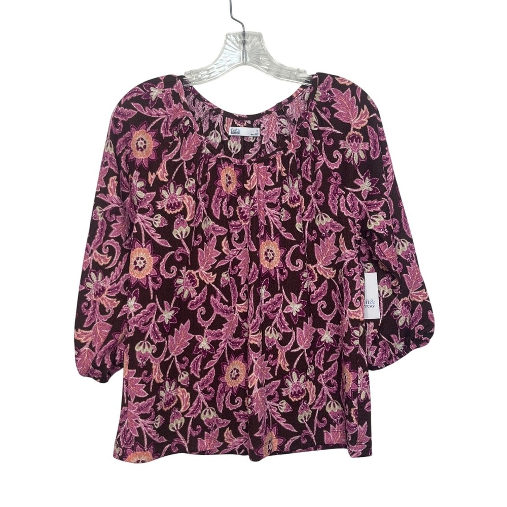 Croft & Barrow Top PS Petite Small Pink Brown New Floral Paisley 3/4 Sleeve Boho